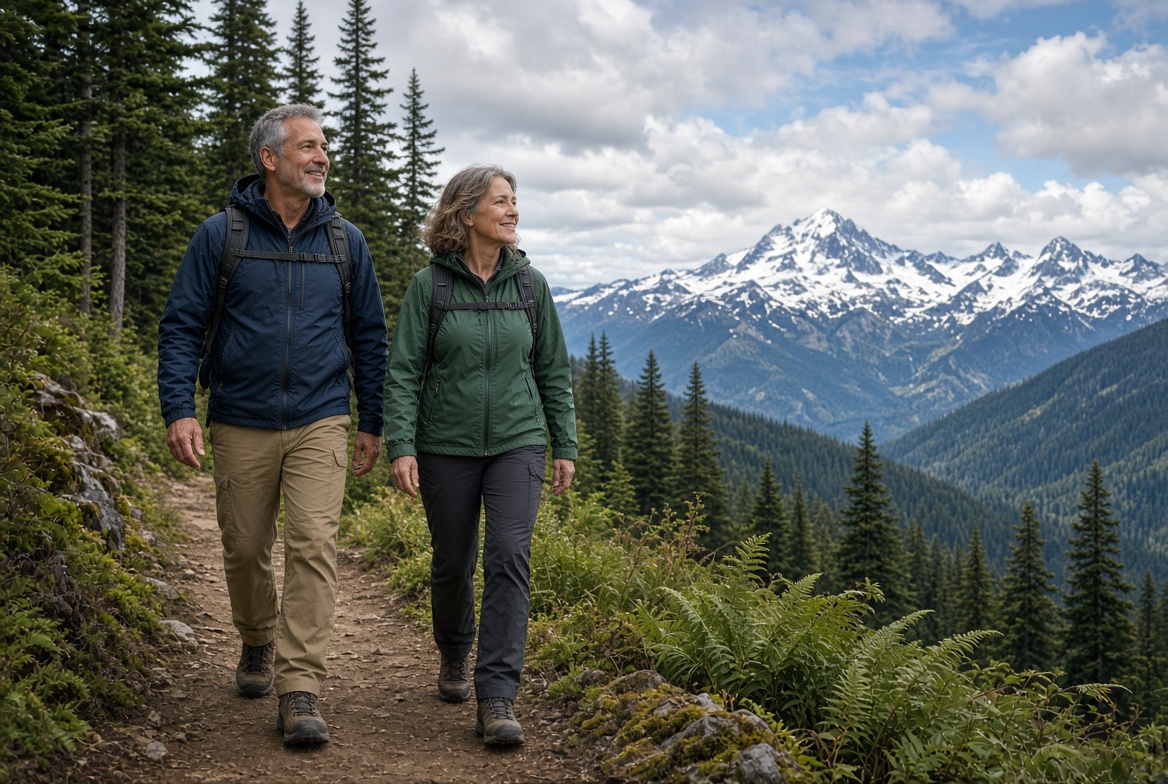 Happy couple reviewing Medicare options with an agent
